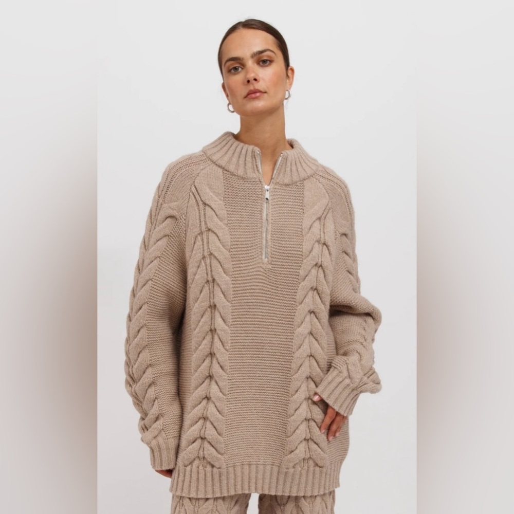 Brunette The Label Fawn Cable Knit Half Zip Sweater